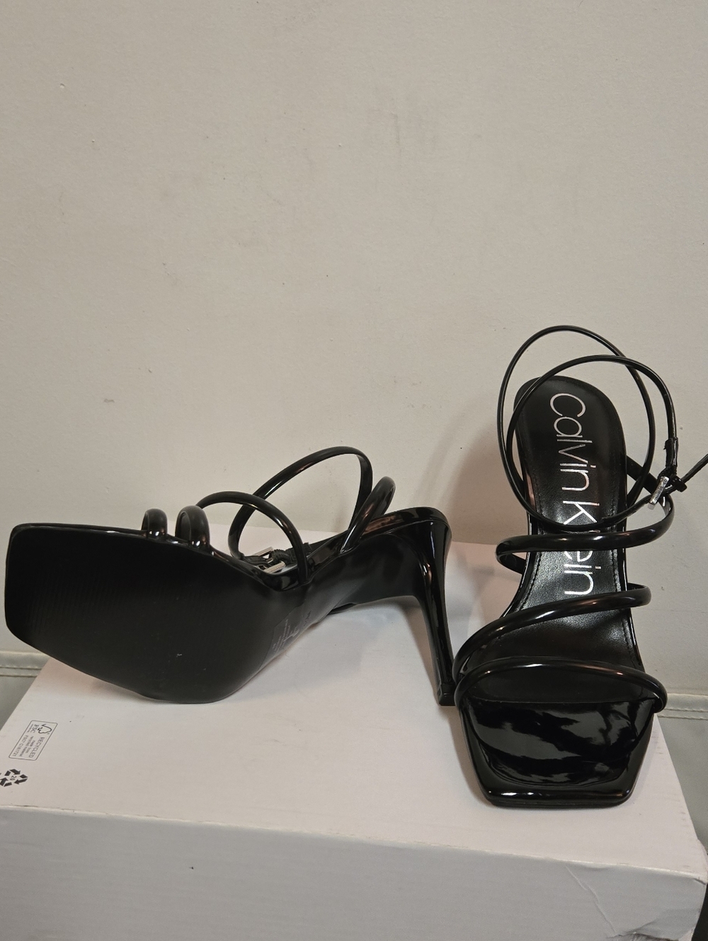 Calvin Klein Black Patent Multi-Strap Square Toe Heels - Picture 6 of 7